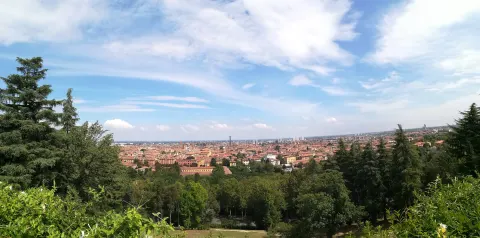 Vue de Bologne depuis la colline de San Michele in Bosco, au-dessus des arbres