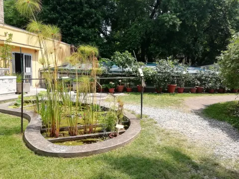 Bassin et allées du jardin botanique de l’université de Bologne