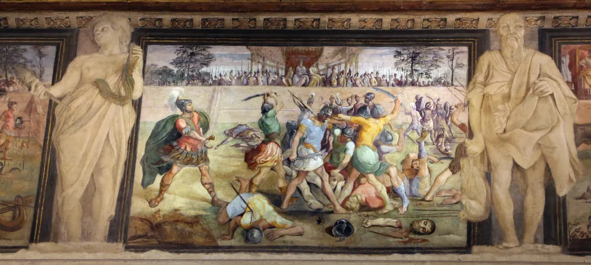 Fresque de la frise de Jason et Médée par les Carracci : guerriers au combat