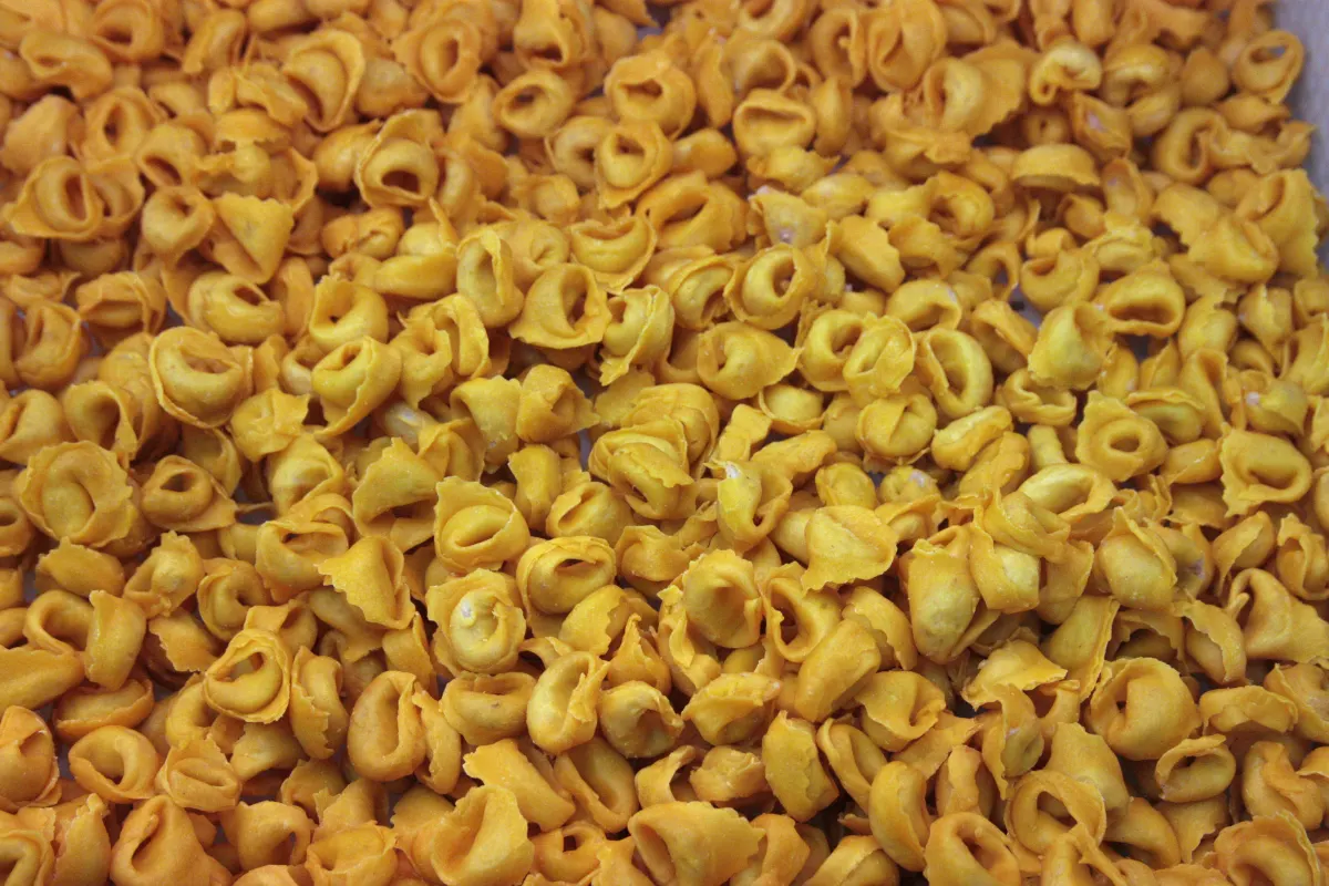 Tortellini frais crus étalés sur un plan de travail